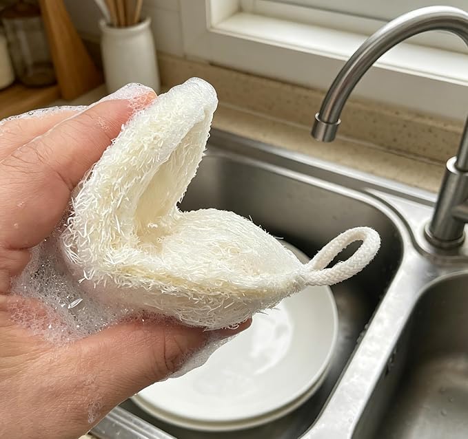 4-Pack Premium Egyptian Loofah Dish Sponge - Large 4.7" x 3.1" Natural Kitchen Scrubber - Thick Double-Layered Compostable Sponges for Dishes - Non-Scratch, Ultra Soft & Biodegradable