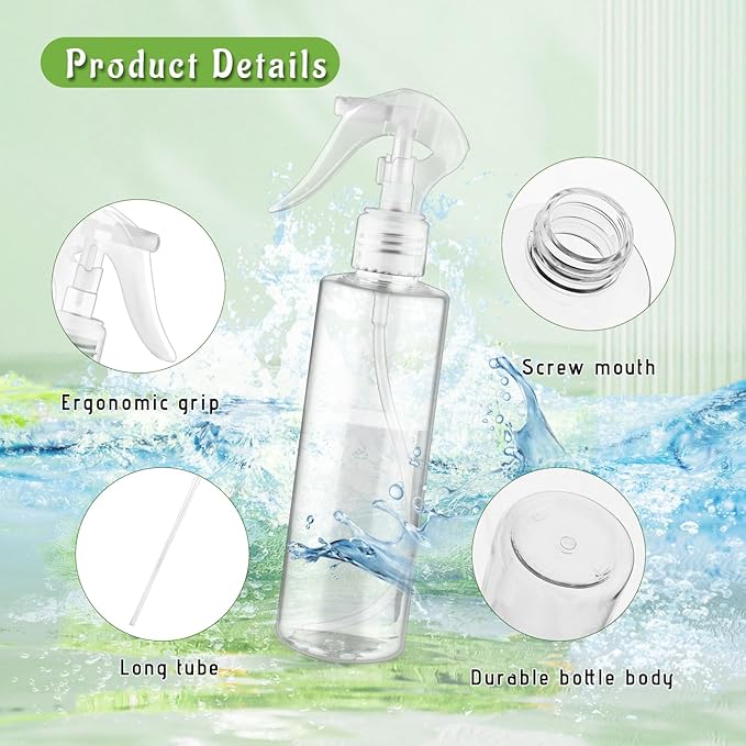 6-Pack 200ml Clear PET Plastic Spray Bottles with Clear PP Head Empty Fine Mist Liquid Sprayer Multi-Purpose Atomizer Dispenser for Home,Garden and Beauty