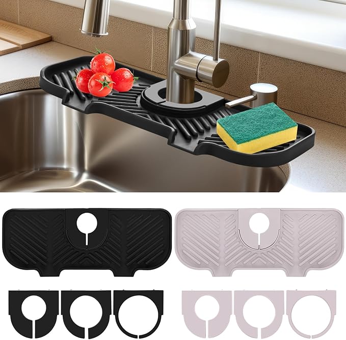 Teenyyou 2 Pcs Silicone Faucet Splash Guard 10.6 ” x 4.3” Kitchen Sink Splash Guard Faucet Mat for Kitchen Mat Catcher Black and Grey Sink Accessories for Bathroom