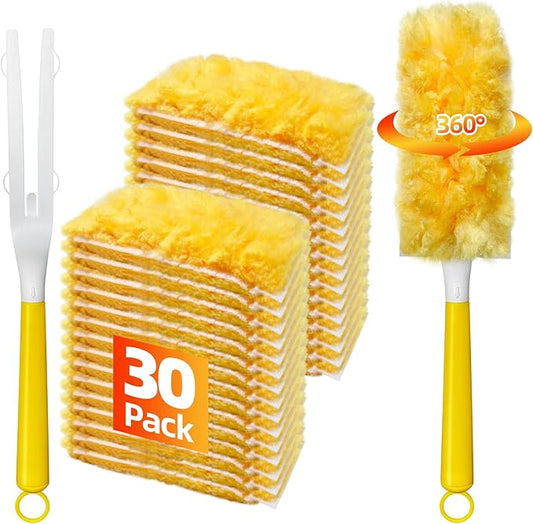 30 Count Duster Refills Compatible with Swiffer Handle, Multi-Surface Duster Refills with 1 Handle, 360° Dusters with 5X Microfibers for Home, Electronics, Office, Furniture, Blinds Cleaning