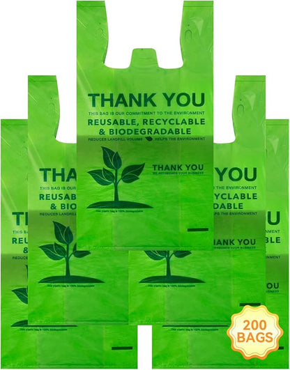 UMT Plastar 200 Count Biodegradable T-Shirt Bags, Compostable Thank You Grocery Bags, Eco Friendly Plastic Shopping Bags, 11.5 x 6.25 x 21 Inch, 16 Mic Heavy Duty Retail Carry Out Bags