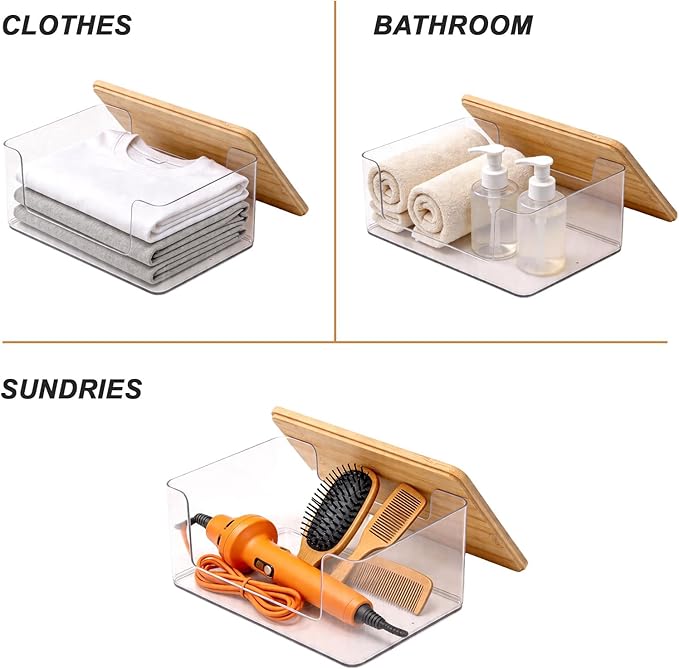 3 Pack Trash Bag Holder, Stackable Garbage Bag Dispenser with Bamboo Lid – Clear Plastic Organizer, Space-Saving Under Sink Storage for Kitchen, Laundry Room, Pantry & Cabinet