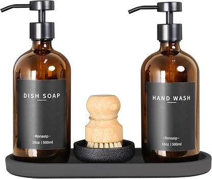 Ronasip Set of 5 Kitchen Soap Dispenser Set 16 Oz Glass Hand Dish Soap Dispenser with Stainless Steel Pump, Cement Tray, Dish Scrub Brush for Farmhouse Rustic Home Bathroom Decor (Brown)