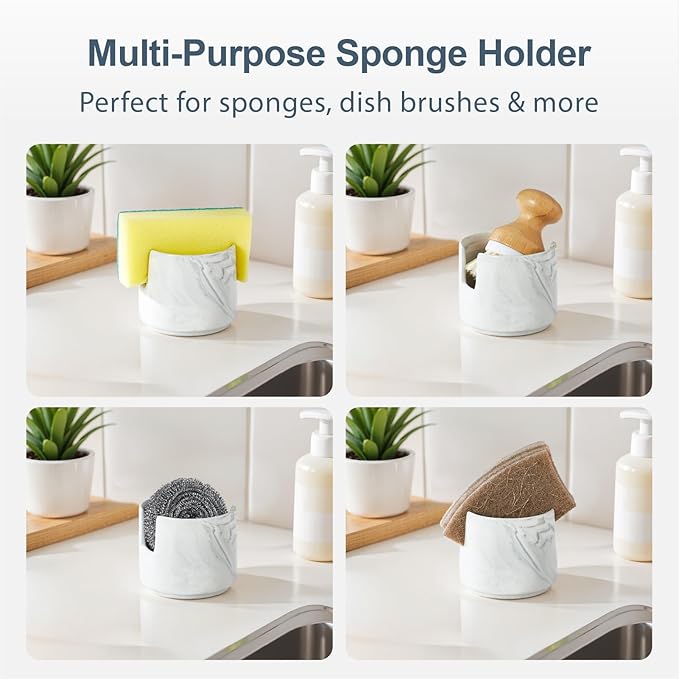 Bamboo Dish Brush Set with Sponge Holder, Kitchen Cleaning Kit, Durable Scrubber Tools, Natural Handle, Stylish Countertop Organizer for Sink Accessories - Marble