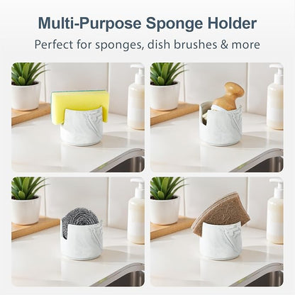 Bamboo Dish Brush Set with Sponge Holder, Kitchen Cleaning Kit, Durable Scrubber Tools, Natural Handle, Stylish Countertop Organizer for Sink Accessories - Marble