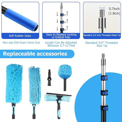 20 Foot High Reach Ceiling Duster Kit 3.6-12ft Extendable Pole with Cobweb Duster,Ceiling Fan Duster,Window Squeegee and Scrubber, Microfiber Feather for Easy Cleaning Indoor & Outdoor