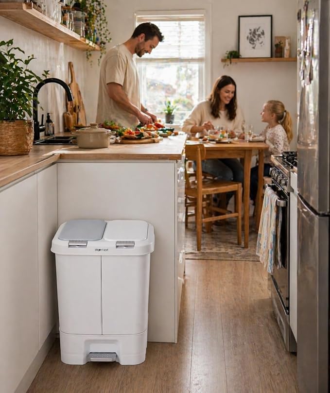 Step N' Sort 2 x 5.5 Gallon, Dual Trash and Recycling Bin with Slow Close Lid, White, 40 Liter (SNS402-W)