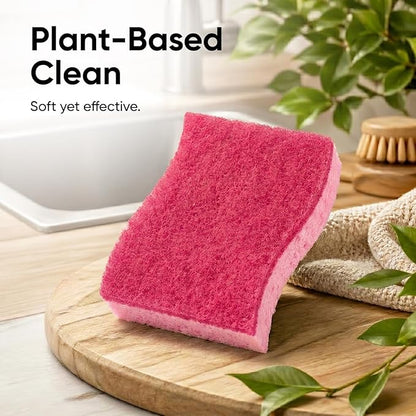 Non-Scratch Cellulose Sponge Kitchen Scrub Sponge with Scouring Pad Set, Good for Non-Stick Cookware Frying Pan, Pot, Counter Top, Sink Scrubbing, Kitchen Scrubbers, Pack of 2, (Red/Pink)
