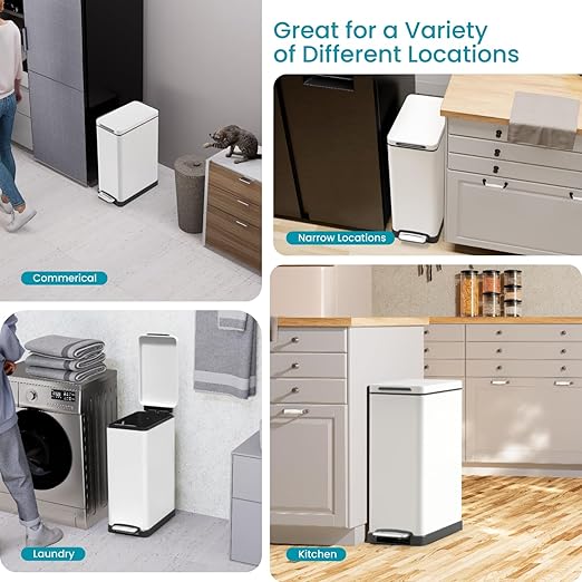Home Zone Living 12 Gallon Slim Kitchen Trash Can with Slow Close Lid and Step Pedal, Stainless Steel, Matte White, 45 Liters