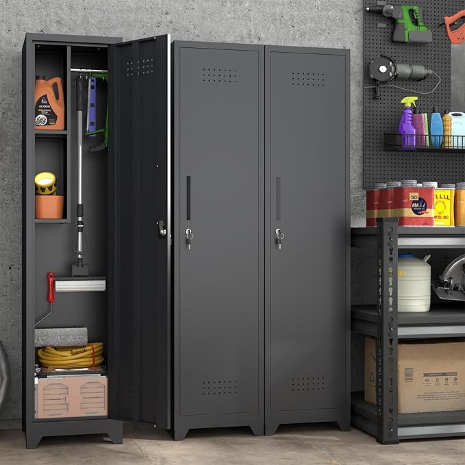 Garage Storage Cabinet, Metal Broom Closet Storage Cabinet,Utility Closet Cabinet for Garage,Office,Gym,Black