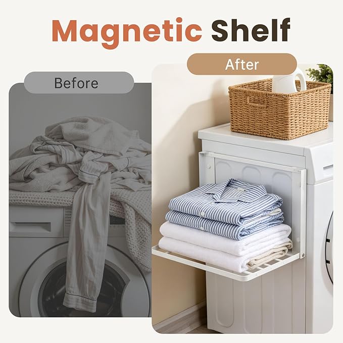 Foldable Wall Mounted Clothes Drying Rack,Space-Saving Laundry Drying Rack, Magnetic & Punch-Free Retractable Hanging Rack with 4 Drying Bars, Heavy-Duty Fold Down (White)
