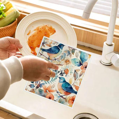 Bird Flower Swedish Dishcloths for Kitchen, Papaya Reusable Paper Towels, 4 Pack Watercolor Dish Cloths, Washable