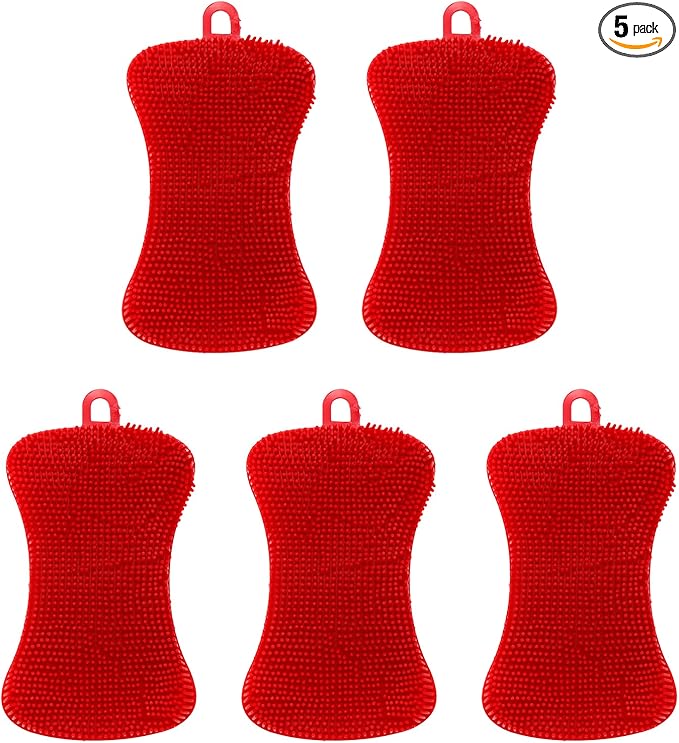 Red 5 Pcs Silicone Cleaning Scrubber，Colored Sponges for Dishes for Cleaning Silicone Scrubber Kitchen