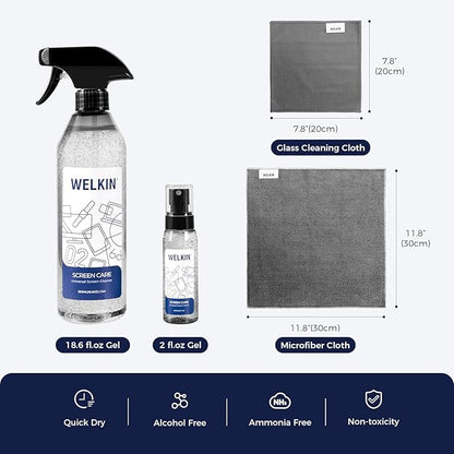 WELKIN Screen Cleaner Spray Kit (550ml + 60ml) - Cleaning Gel for TV, Laptop, Computer, Phone Touchscreen -2 Sprayers，1 Microfiber Cloth & 1 Glass Wipe