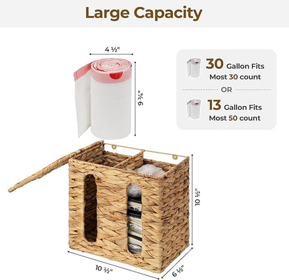 StorageWorks Garbage Bag Dispenser with Lid, Wall Mount Water Hyacinth Plastic Bag Holder for Kitchen, Cabinet, Countertop, 2 Slots