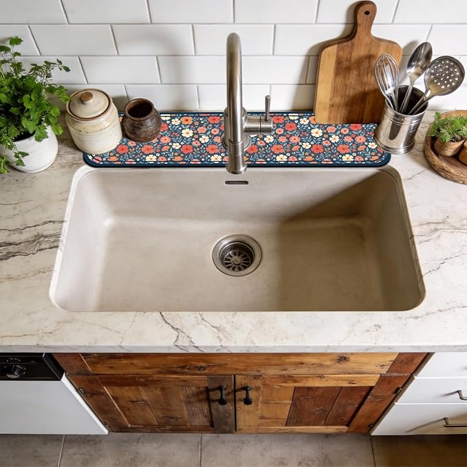 2 Pcs Kitchen Sink Splash Guard Faucet Mat Various Drinks Pattern Faucet Mat for Sinks Coffee Graffiti Absorbing Drying Mats for Kitchen Bathroom, 23.6x5.5inch