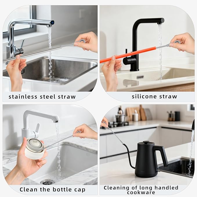 Silicone Straw Cleaner Brush, 4Pcs Reusable Straw Brush Set with Extra-Long Design for Cleaning Thin Metal Straws and Wider Milkshake Straws （6mm+9mm Gray)