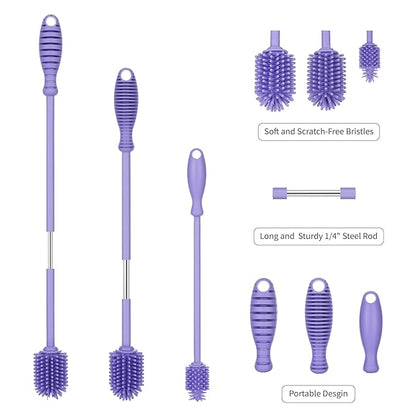 A-Brush Silicone Bottle Cleaner Brush, 3 Piece Set, Long Handle - Water Bottle Cleaner, Baby Bottle Nipple Brush for Plastic & Glass, BPA-Free Dish Washing Brush A2S Protection