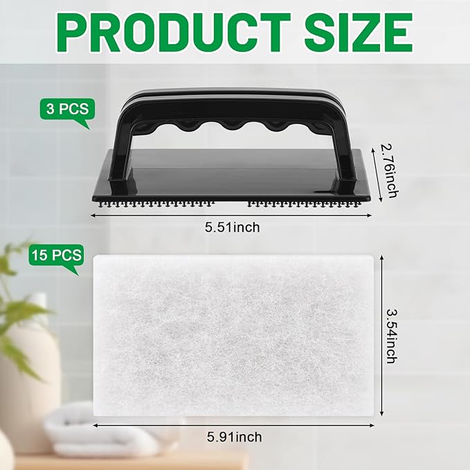 18 Pack Handled Bath Scrubber Set Bathtub Scouring Pad 15 Non-Scratch Bathroom Scrubbing Pads with 3 Handles Reusable Cleaning Sponge for Cleaning Shower Tile Sink Pool Areas
