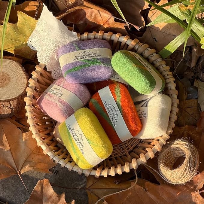 Handmade Felted Soap with Tibetan Yak Milk & Wool Natural Exfoliating Bar for Face & Body, 6 Scents, Includes Bamboo Dish & Travel Pouch (Turmeric)