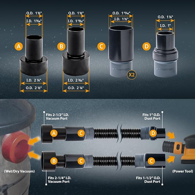POWERTEC 70175 10 Ft. Dust Collection Hose Kit with 5 Fittings for Woodworking Power Tools Home and Wet/Dry Shop Vacuums