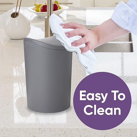 Superio MIni Bathroom Trash Can with Lid, Modern Grey Mini Waste Bin with Swing Lid (1 1/2 Gallon, 6 Liter) Plastic Garbage Can for Kitchen, Bathroom, Bedroom, Office, Under Desk (1, Grey)