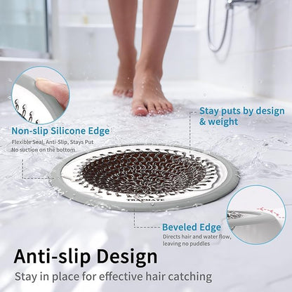 TRAPMATE Shower Drain Cover, 2PCS Prevent Clogging Shower Drain Hair Catcher, Non-Slip Stainless Steel Drain Protector, Patented Bathroom Accessory for US Standard Flat Drains of Bathroom