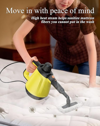 1200W Handheld Steam Cleaner for Home, Powerful Natural Multi‑Surface Steam Cleaner with 10 Accessories, 13.5oz Pressurized Steamer for Deep Cleaning Tile, Grout, Shower, Bathroom,Kitchen,Car, Yellow