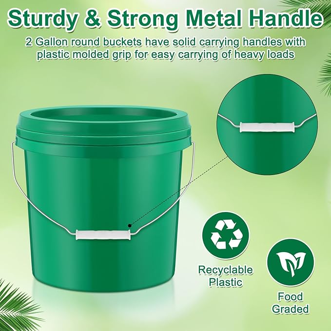 Tioncy 24 Pcs 2 Gallon Plastic Bucket with Lid Heavy Duty 2 Gallon Bucket Pail with Lid Handle for Storage Container Home Household Cleaning (Green)