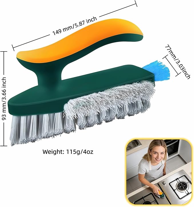 Multifunctional Tile Grout Cleaning Brush with V-Shaped Bristles, 180° Rotating Head, Rubber Wiper Strip, Green and Yellow