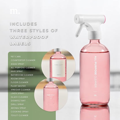 MAISONOVO Glass Spray Bottles 16 Oz Pack of 2 - Pink Spray Bottle For Hair with Fortified Glass & Fine Mist Pumps - Ideal for Salons, Barbers, Stylists, Pet Groomers & Daily Hair Care - 16 Labels