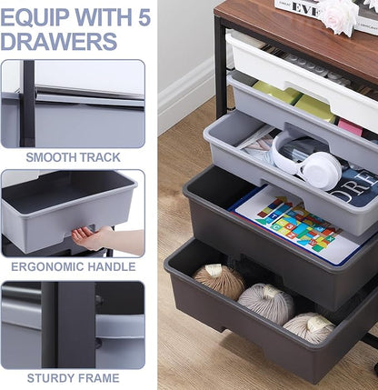 SYKIARIOL Utility Cart with 5 Drawers,Storage Drawer Cart with Wooden Tabletop and Lockable Wheels,Craft Storage Trolley Cart,5-Tier Rolling Utility Cart on Wheels,Dark Grey