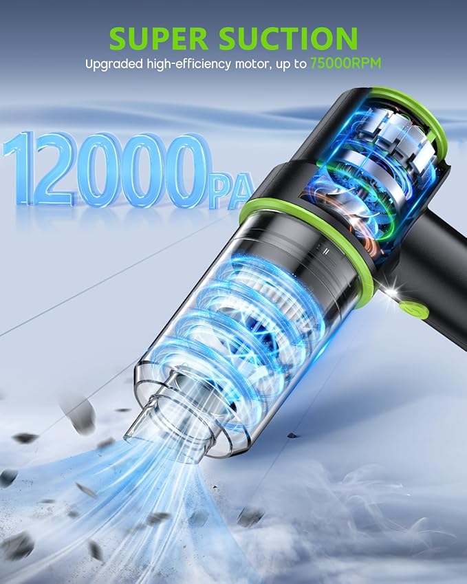 CODN Handheld Car Vacuum Portable Cordless, 12000PA Handheld Air Duster with Multi-Nozzles and LED Light, Mini Hand Held Vacuum Rechargeable for Home, Car, Office, Pet Hair