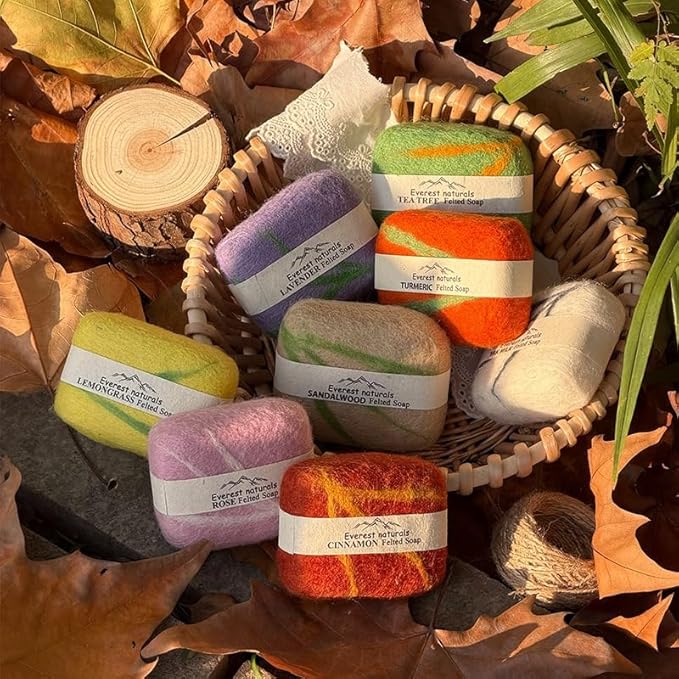 Handmade Felted Soap with Tibetan Yak Milk & Wool Natural Exfoliating Bar for Face & Body, 6 Scents, Includes Bamboo Dish & Travel Pouch (Yak milk)