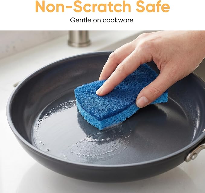 Non-Scratch Cellulose Sponge Kitchen Scrub Sponge with Scouring Pad Set, Good for Non-Stick Cookware Frying Pan, Pot, Counter Top, Sink Scrubbing, Kitchen Scrubbers, Pack of 2, (Blue)