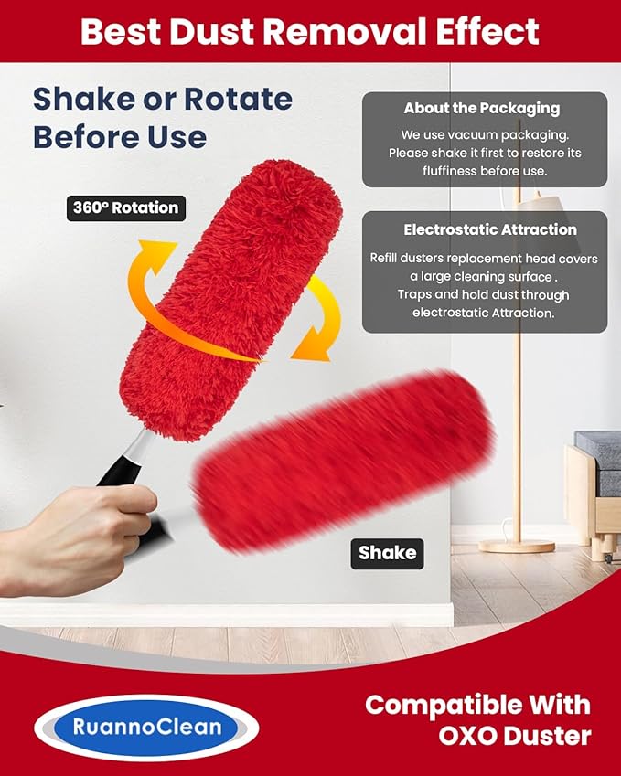 Microfiber Duster Refills Compatible with OXO Good Grips Hand Duster, Reusable Dusters Refill Washable Head Replacement for OXO Extendable Dusters for Cleaning -2 Pack, Red