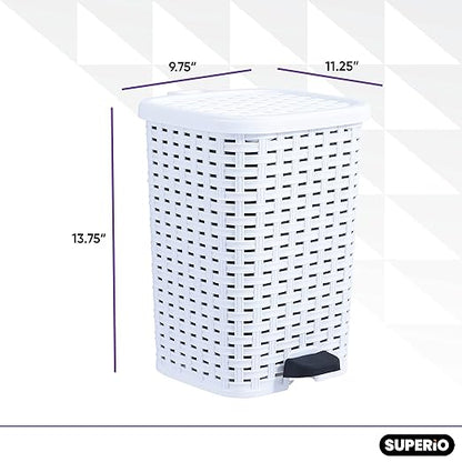 Superio Small Outdoor Trash Can with Lid for Dog Poop 3 Gallon/12 L Mini Plastic Garbage Can with Foot Pedal for Bathroom, Bedroom, Office, Patio, Wicker White