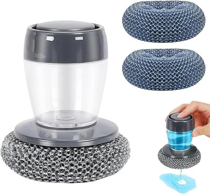 Comfort Grip Soap Dispensing Kitchen Scrub, Dish Brush with Soap Dispenser, Steel Wool Scrubber for Dishes Pans Kitchen Sink Bathtub Tile and Household (1pc-3)