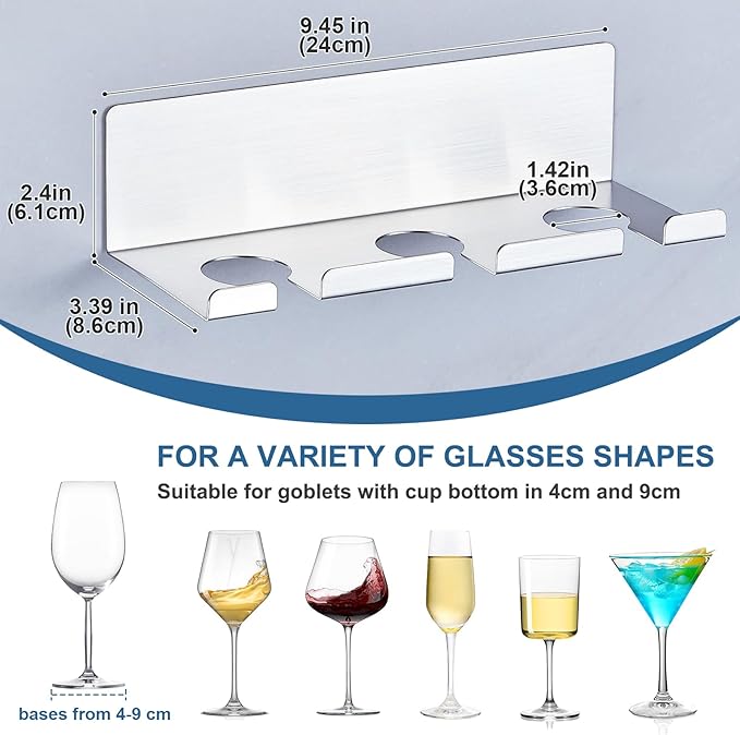 Wine Glass Holder Wine Glass Drying Rack Stainless Steel Hanging Stemware Rack Wall Mounted Adhesive Hanging Wine Glass Organizer Stemware Holder for Bar Restaurant Kitchen 2 Pack