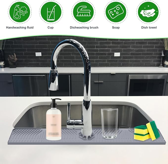 33inch Kitchen Sink Splash Guard Mat,Silicone Material Protects Faucet Handle from Dripping Water,Faucet Mat Splash Catcher,Multipurpose for Kitchen Sink, Sink Sponge Holder