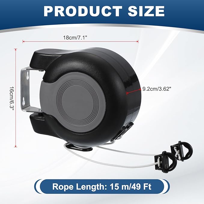 uxcell Retractable Double Clothesline Outdoor Indoor, 49Ft Heavy Duty PVC Clothes Line Retracting Laundry Line with 24 Pcs Clothespins for Wet Dry Clothing, Black