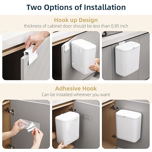 MUEE Compost Bin Kitchen for Counter Top or Under Sink, Hanging Trash Can with Lid [2.3 Gal/8.8L], Food Waste Bin, Mountable Garbage Can for Cupboard/Bathroom/Bedroom/Office/RV, Matte White