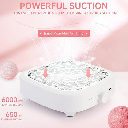 Nail Dust Collector, Cordless Dust Collector Nail Tech, Compact Powerful 6000RPM Nail Vacuum Fan Rechargeable Dust Extractor for Acrylic Gel Polish Manicure Pedicure for Home