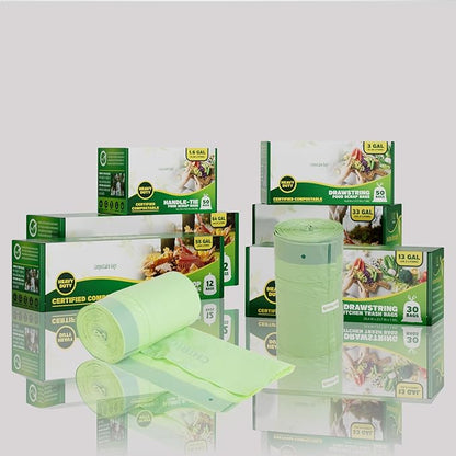 13 Gallon Compostable Trash Bags with Drawstring, Heavy Duty Extra Thick 1 Mil, 49.21 Liter, 30 Bags, Tall Kitchen Food Scrap Waste Bag, ASTM D6400, US BPI and OK Compost Home Certified
