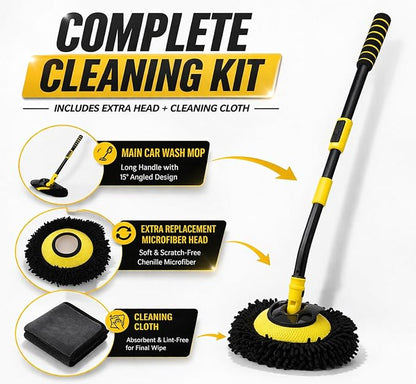 Car Wash Brush with Long Handle, Chenille Microfiber Car Wash Mop, Scratch-Free Cleaning Brush with Adjustable Extension Pole, Includes Replacement Head & Cleaning Cloth for Car, RV, Truck, SUV