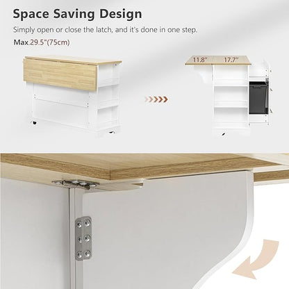 51.2" Kitchen Island with 6 Drawers, Pull Out Trash Can Storage, Rolling Kitchen Island on 5 Wheels with Drop Leaf, Power Outlet, 5 Open Side Racks for Kitchen, Dining Room, White