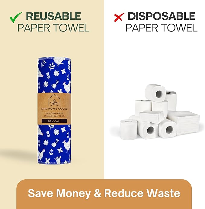 Reusable Paper Towels (12"x10”) - Soft Absorbent 100% Washable Paper Towels - Reusable Paper Towels Washable w/Cardboard Roll - Reusable Napkins (Chickens, 12x10inch)