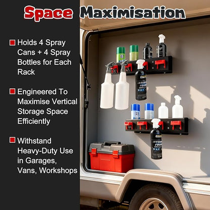 2 Pack Carbon Steel Spray Bottle Holder Wall Mount, Heavy-Duty Car Detailing Bottle Organizer, Spray Can Holder Rack with 4 Holes & 4 Hooks, Space Saving Storage Holder for Garage Workshop Van Shed