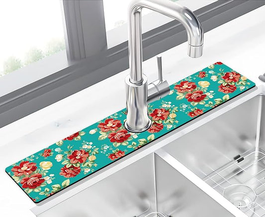 Kitchen Sink Splash Guard Faucet Mat Super Absorbent Fast Drying Mat Sink Gadgets Splash Guard Behind Faucet Drip Catcher for Kitchen (Boho Flowers, 23.5x5.5in)