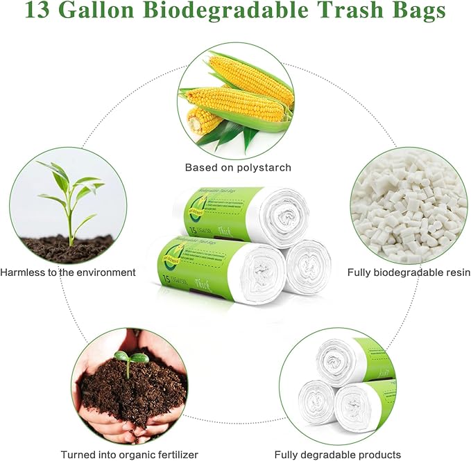 Toplive 13 Gallon Trash Bag 45 Count Garbage Bag 2 Mil Thickness Degradable Unscented Trash Bags Wastebasket Bin Liners for Home Outdoor Garden Canteen Kitchen Trash Can (3 Rolls